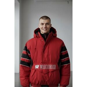 Starter Wisconsin Badgers Puffer Anorak Jacket Mens XL‎ Red Black White Spellout